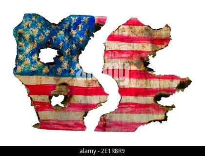 burned grungy USA flag with bullet holes, USA riots concept, isolated on white background Stock Photo