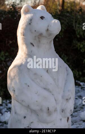 Snowbear snow sculpture in Buckley, North Wales Stock Photo