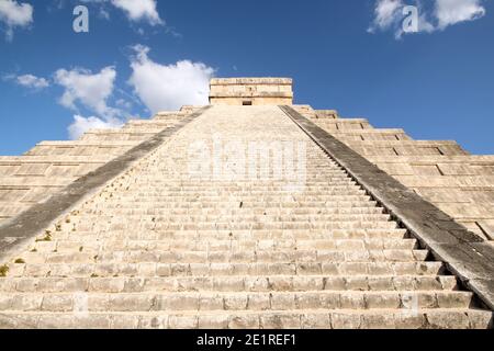The Kukulkan Pyramid, aka El Castillo, a View from Below the Stairs. Chichén Itzá, Yucatan, Mexico Stock Photo