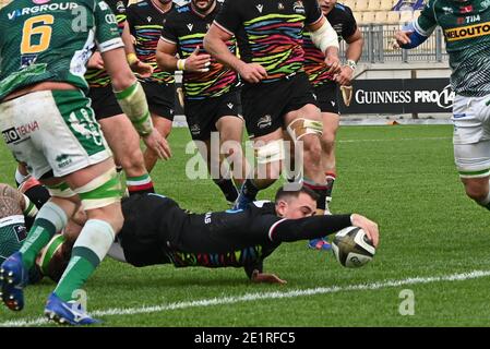 January 9, 2021, Parma, Italy: Parma, Italy, Sergio Lanfranchi stadium, January 09, 2021, Michelangelo Biondelli try for Zebre during Zebre Rugby vs Benetton Treviso - Rugby Guinness Pro 14 match (Credit Image: © Alessio Tarpini/LPS via ZUMA Wire) Stock Photo