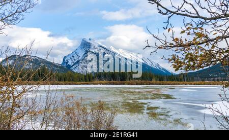 Snow-covered Mount Rundle, Banff National Park beautiful landscape. Vermilion Lakes frozen in winter. Canadian Rockies, Alberta, Canada. Stock Photo