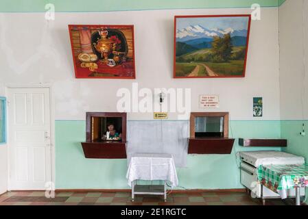 Soviet-style canteen in Ivanovka village, Azerbaijan. Ivanovka is a village with mainly Russian population which maintained last kolkhoz in Azerbaijan. Stock Photo