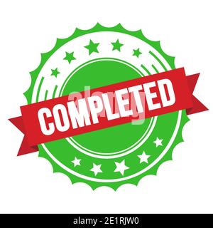 COMPLETED text on red green ribbon badge stamp. Stock Photo