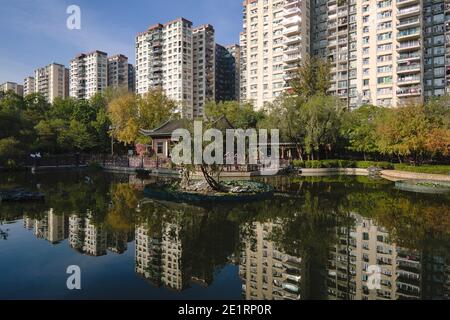 Mei Foo, Hong Kong - 21 Dec 2020: Lingnan Garden - a Chinese-style architecture park next to Mei Foo Sun Chuen Stock Photo