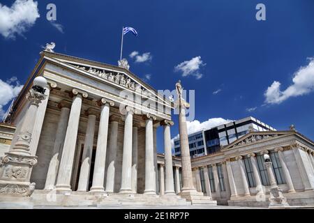 The Academy of Athens, one of the three building that compose the architectonic Hansen Trilogy, in Athens, Greece. Stock Photo
