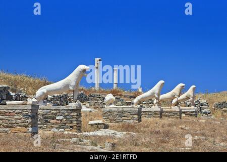 The (Naxian) Lions Terrace in the archaeological site of the 'sacred' island of Delos. Cyclades, Greece Stock Photo