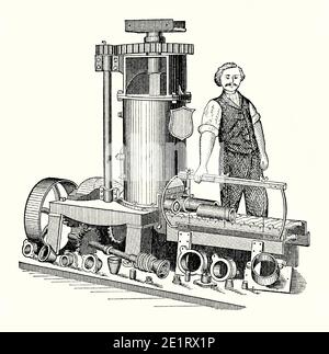 An old engraving of Tiffany’s clay tile- and pipe-making machine. It is from a Victorian mechanical engineering book of the 1880s. It consisted of a vertical pug mill with rotating curved knives within it. A screw mechanism forced out clay through a die (dod or mould) and the clay pipes ended up on rollers (right). Some of various dies are shown in the foreground. The worker holds a rocking frame with cutting wires – pulling this down would cut the clay to the correct length required. Once fired, these would be mostly used in drainage systems. Stock Photo