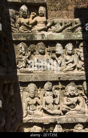 Bas relief carvings at the Terrace of the Elephants at Angkor Thom, a 350 meter reviewing platform for the king, Siem Reap, Cambodia. Stock Photo