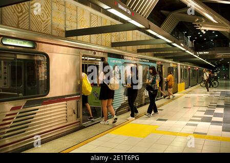 People getting on the train at Universal City. Metro in Los Angeles, CA, USA. Sep 2019 Stock Photo