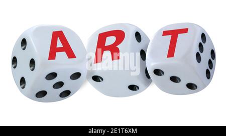 White dice with black eyes numbers spelling ART in red letters isolated on white background. Stock Photo