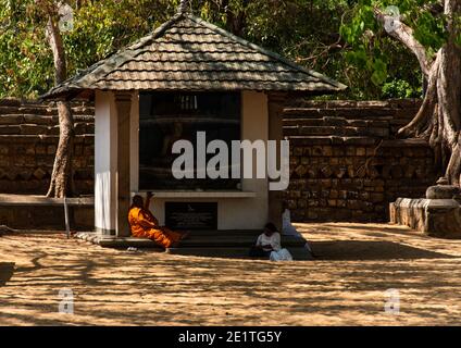 Monks at Jaya Sri Maha Bodhi, Anuradhapura, UNESCO World Heritage Site. Stock Photo