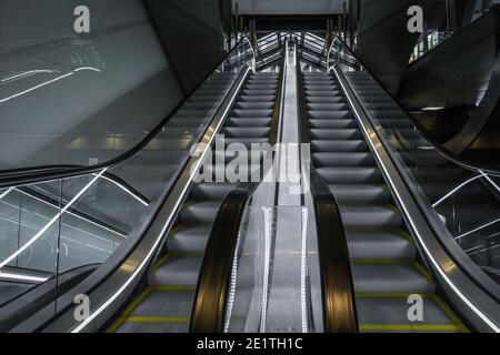 No people around on the escalator as London remains in lockdown. Stock Photo