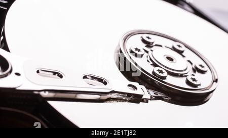 Macro view of spindle of the open hard disk drive, HDD, detail Stock Photo