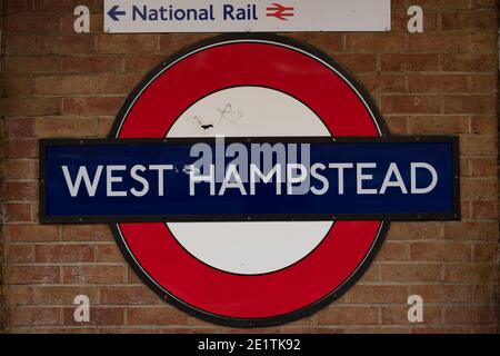 A sign for West Hampstead tube station in London, England, United Kingdom. Stock Photo