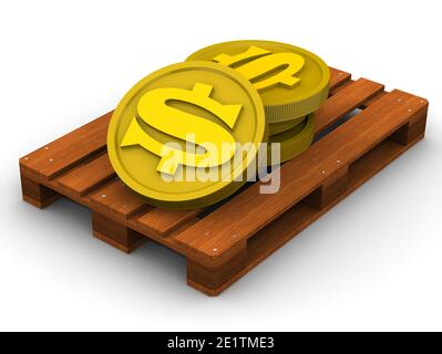 Money on the pallet. Gold coins with the symbol of the US dollar on the pallet. 3D Illustration Stock Photo