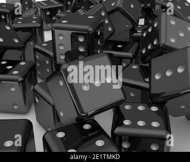 Heap of black dices on white surface as background. 3D Illustration Stock Photo