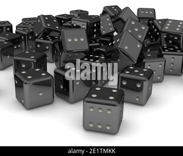 Heap of black dices on white surface as background. 3D Illustration Stock Photo