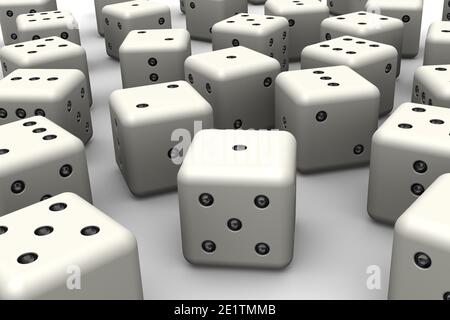 Heap of white dices as background on white surface. 3D Illustration Stock Photo