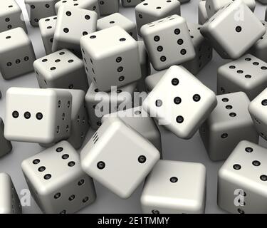 Heap of white dices as background on white surface. 3D Illustration Stock Photo