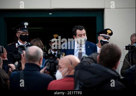 Matteo Salvini (C) seen answering questions at the end of the hearing.Matteo Salvini, former Interior Minister and leader of League Party, attends the preliminary hearing at the bunker room of Ucciardone Jail in Palermo, stands the accusation of kidnap and dereliction of duty, having denied the landing of Open Arms’ rescue vessel about 150 people on board in August 2019. According to the court’s decision, further documents need to be provided, so a postponement will be held on January (14th) and March (20th). In the aftermath of the court’s decision, both representatives of the Spanish NGO Pro Stock Photo