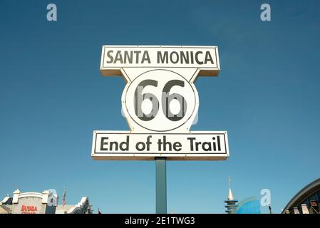 Route 66 End of the Trail sign marks the end of the legendary Route 66. Santa Monica Pier, Los Angeles, CA, USA Stock Photo