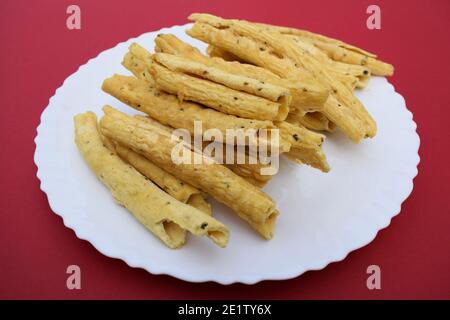 Gujarati popular snack cuisine item snacks breakfast. made with gramflour and fried. side view. tasty indian food teatime snacks eatedn during festiva Stock Photo