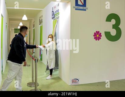 Naples, Italy. 09th Jan, 2021. The vaccination campaign in the Covid Vaccine Center of ASL Napoli 1 Centro at the Mostra d'Oltremare in Naples. Second day of the vaccination campaign, fifteen stations for the administration of Pfizer Bhiontech vaccine. (Photo by Alessandro Barone/Pacific Press) Credit: Pacific Press Media Production Corp./Alamy Live News Stock Photo