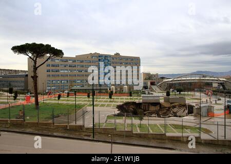 Naples, Italy. 08th Jan, 2021. On the morning of the day 08 January a loud roar was felt at the Sea Hospital of Naples, Ponticelli area. To give in, certainly causes infiltration of water, was a part of the parking lot of the Hospital. Swallow three cars early in the morning at that point.A chasm, according to the fire department, about two thousand square meters wide and twenty meters deep.The entire parking lot has been subjected to criminal seizure by the judicial authority, for the investigation of the houses of the disaster. Credit: Pacific Press Media Production Corp./Alamy Live News
