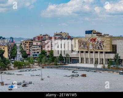View from the clocktower of the Skanderbeg Square and the National Museum of History during construction work. Tirana, Albania Stock Photo