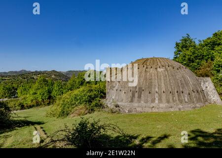 Abandoned bunkers in the Albanian countryside. Communist-era bunkers were built by dictator Enver Hoxha during the Cold War. Stock Photo