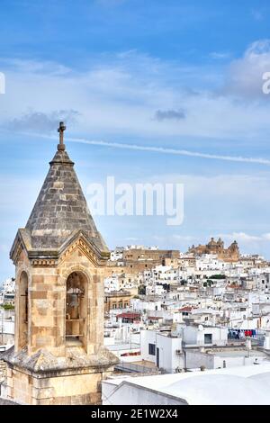View of the old white town of Ostuni and the cathedral at sunrise. Brindisi, Apulia in southern Italy. Europe. Stock Photo