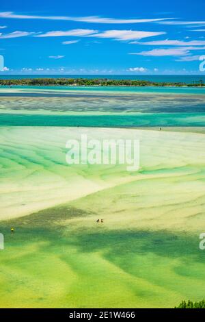 Aerial views over Golden Beach of the Pumicestone Passage and Bribe Island on the Sunshine Coast in Queensland on a stunning summer's day. Stock Photo