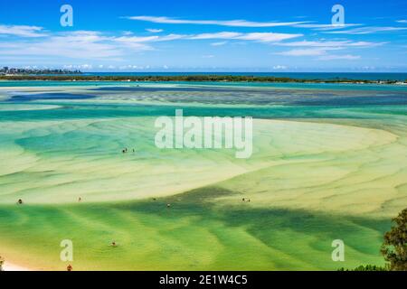 Aerial views over Golden Beach on the Sunshine Coast in Queensland on a stunning summer's day. Stock Photo
