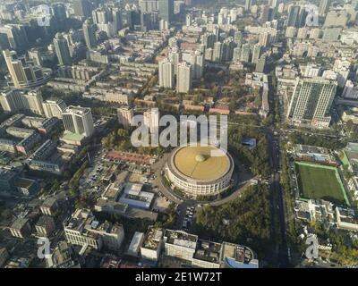 Aerial view of the city skyline with buildings and high rises on a day with light smog in the Dongcheng and Chaoyang district of the Chinese capital city of Beijing, China, PRC. © Time-Snaps Stock Photo