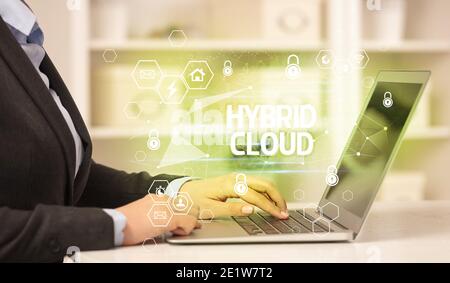 HYBRID CLOUD inscription on laptop, internet security and data protection concept, blockchain and cybersecurity Stock Photo