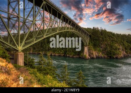 Iconic Bridge, Deception Pass, on the West Pacific Ocean Coast. Stock Photo