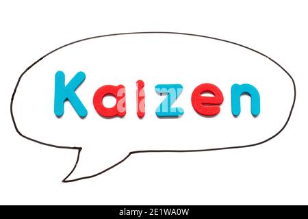 Alphabet letter with word kaizen in black line hand drawing as bubble speech on white board background Stock Photo