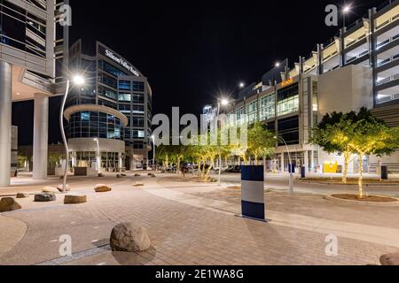 Tempe, JAN 1, 2021 - Night view of the Silicon Valley Bank Stock Photo