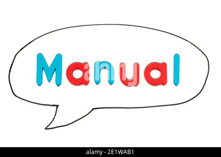 Alphabet letter with word manual in black line hand drawing as bubble speech on white board background Stock Photo