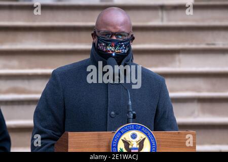 Congressman Jamal Bowman (D-NY) wearing a face mask speaks during a press conference at City Hall in New York City.Mayor de Blasio joined the Congressional members and called for swift impeachment of President Donald Trump following the violent siege of the U.S. Capitol by Trump supporters that left five dead. Stock Photo