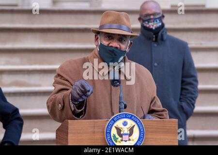 Congressman Gregory Meeks (D-NY) wearing a face mask speaks during a press conference at City Hall in New York City.Mayor de Blasio joined the Congressional members and called for swift impeachment of President Donald Trump following the violent siege of the U.S. Capitol by Trump supporters that left five dead. Stock Photo