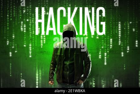 Faceless hacker with HACKING inscription, hacking concept Stock Photo