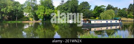 Panorama of the River Ouse at St Neots with Narrow Boat. Stock Photo