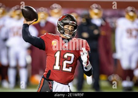 Nov 14, 2021; Landover, MD USA; Tampa Bay Buccaneers quarterback Tom Brady  (12) throws a pass during an NFL game at FedEx Field. The Washington Football  Team beat the Buccaneers 29-19. (Steve