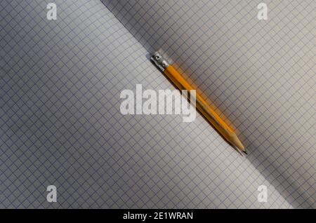 Engineering, accounting, business, education concept. Close-up of an old yellow wooden pencil on blank sheets of an open squared notebook. Selective f Stock Photo
