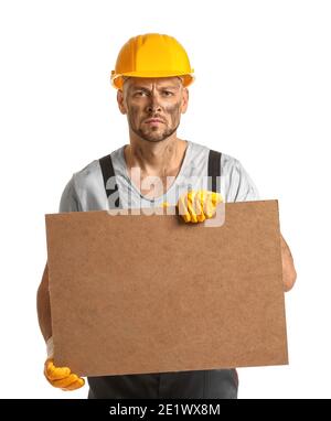 Protesting miner man with placard on white background Stock Photo