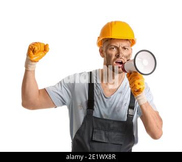 Protesting miner man with megaphone on white background Stock Photo