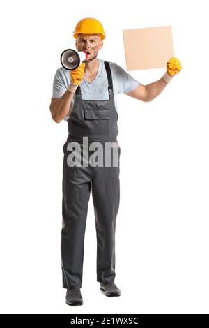 Protesting miner man with megaphone and placard on white background Stock Photo