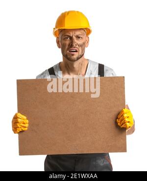 Protesting miner man with placard on white background Stock Photo
