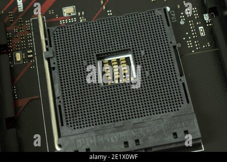 CPU socket on motherboard close-up. Stock Photo